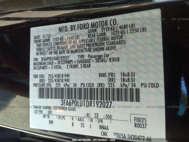 Photo 8 VIN: 3FA6P0LU1DR192027 - FORD FUSION 