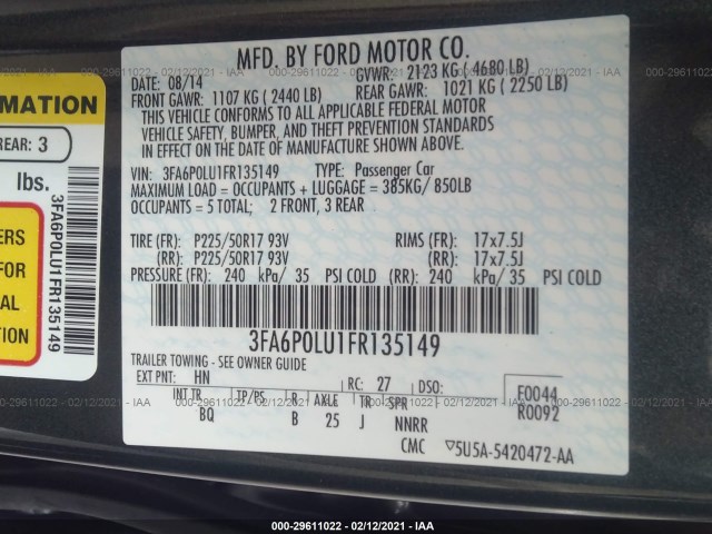 Photo 8 VIN: 3FA6P0LU1FR135149 - FORD FUSION 