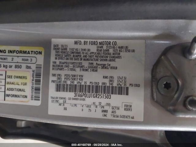 Photo 8 VIN: 3FA6P0LU1GR251503 - FORD FUSION 