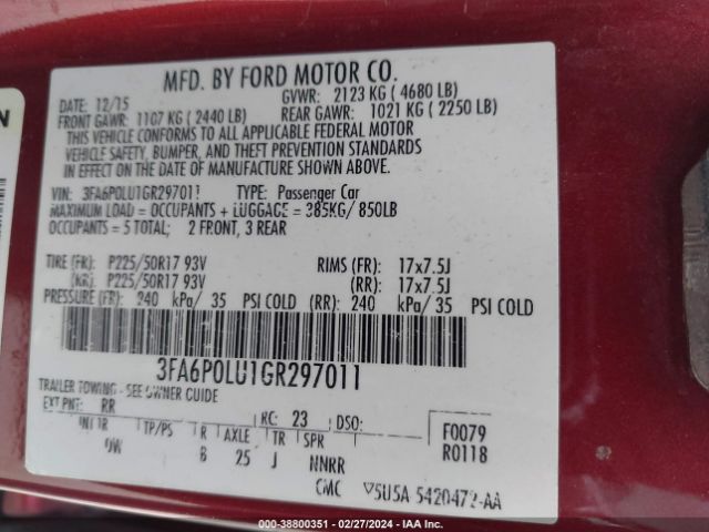 Photo 8 VIN: 3FA6P0LU1GR297011 - FORD FUSION HYBRID 