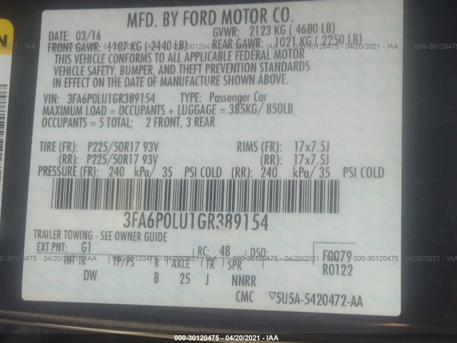 Photo 8 VIN: 3FA6P0LU1GR389154 - FORD FUSION 