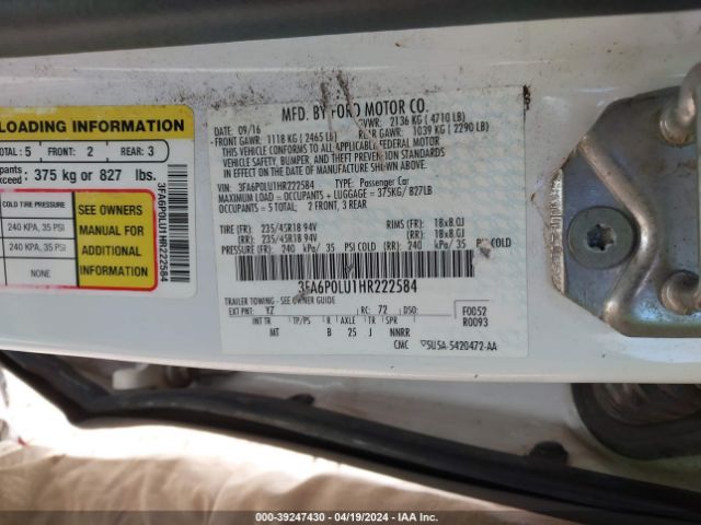 Photo 8 VIN: 3FA6P0LU1HR222584 - FORD FUSION HYBRID 