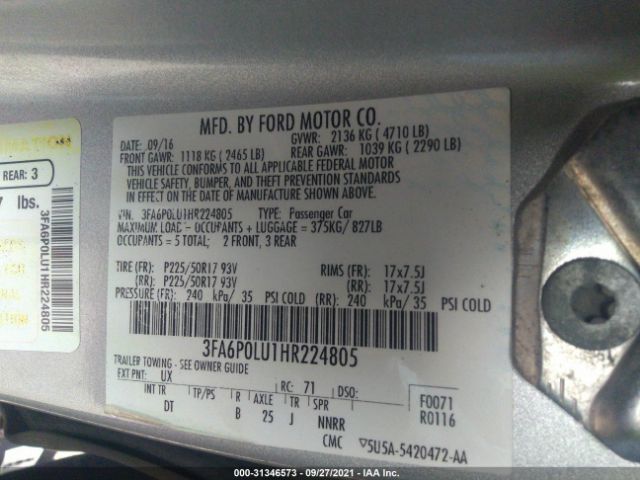 Photo 8 VIN: 3FA6P0LU1HR224805 - FORD FUSION 