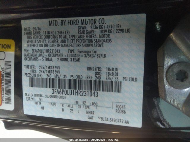 Photo 8 VIN: 3FA6P0LU1HR231043 - FORD FUSION 