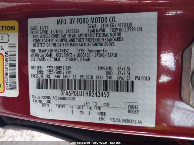 Photo 8 VIN: 3FA6P0LU1HR243452 - FORD FUSION 