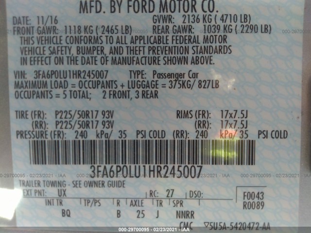 Photo 8 VIN: 3FA6P0LU1HR245007 - FORD FUSION 