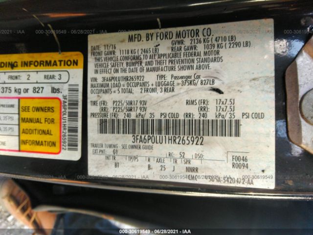 Photo 8 VIN: 3FA6P0LU1HR265922 - FORD FUSION 