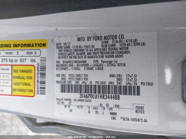 Photo 8 VIN: 3FA6P0LU1HR344488 - FORD FUSION HYBRID 