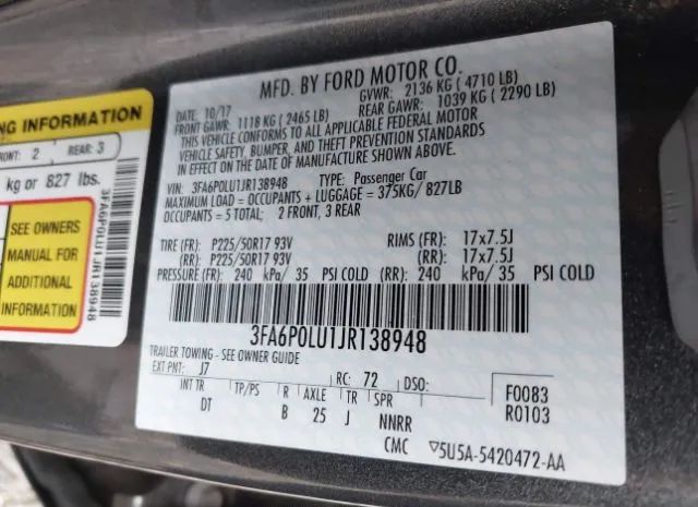 Photo 8 VIN: 3FA6P0LU1JR138948 - FORD FUSION 