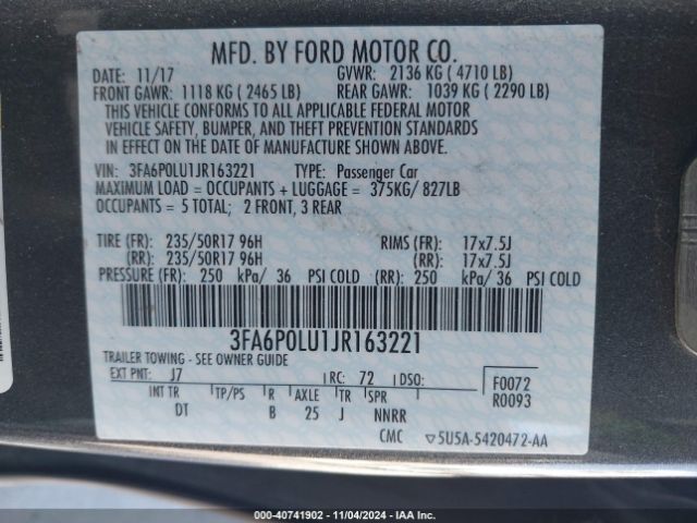 Photo 8 VIN: 3FA6P0LU1JR163221 - FORD FUSION 