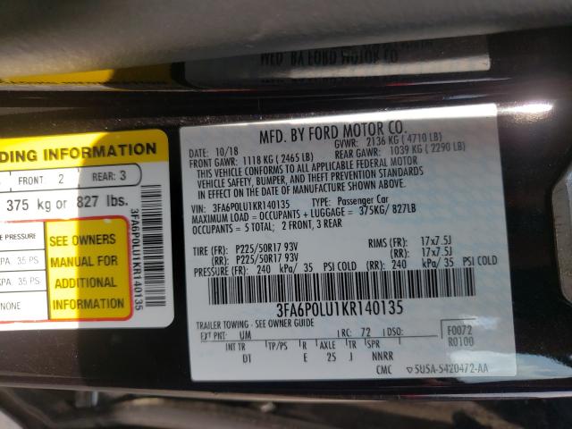 Photo 9 VIN: 3FA6P0LU1KR140135 - FORD FUSION SE 