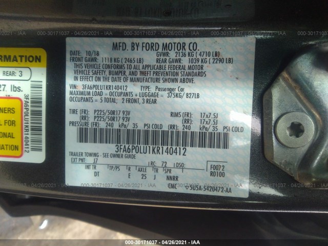 Photo 8 VIN: 3FA6P0LU1KR140412 - FORD FUSION HYBRID 