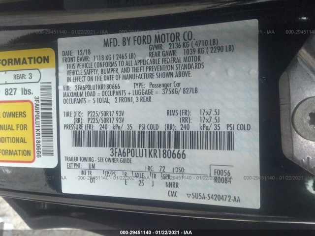 Photo 8 VIN: 3FA6P0LU1KR180666 - FORD FUSION HYBRID 