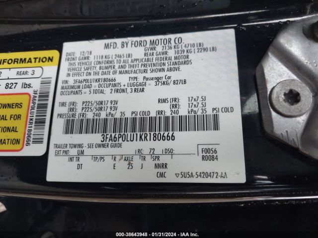 Photo 8 VIN: 3FA6P0LU1KR180666 - FORD FUSION HYBRID 