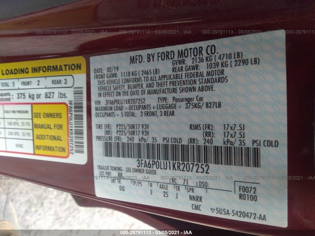 Photo 8 VIN: 3FA6P0LU1KR207252 - FORD FUSION HYBRID 