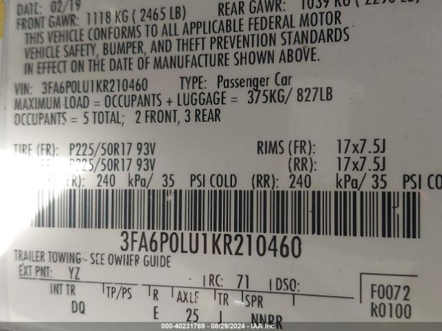 Photo 8 VIN: 3FA6P0LU1KR210460 - FORD FUSION 