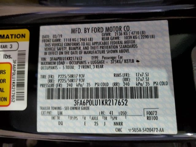 Photo 11 VIN: 3FA6P0LU1KR217652 - FORD FUSION SE 