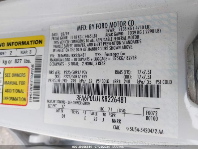 Photo 8 VIN: 3FA6P0LU1KR226481 - FORD FUSION 