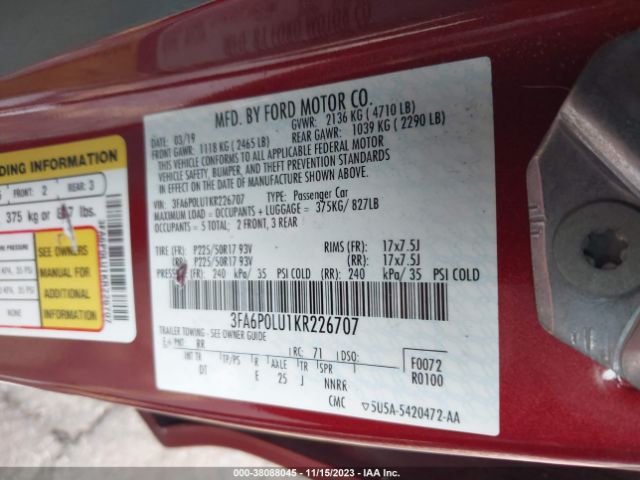 Photo 8 VIN: 3FA6P0LU1KR226707 - FORD FUSION 