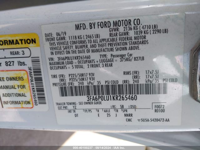 Photo 8 VIN: 3FA6P0LU1KR265460 - FORD FUSION 