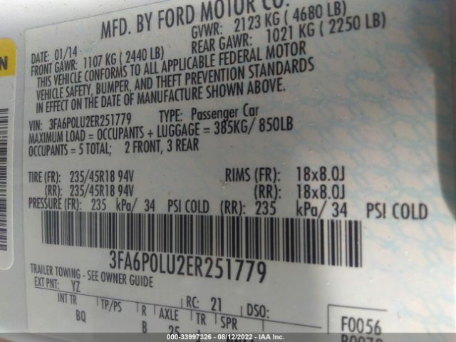 Photo 8 VIN: 3FA6P0LU2ER251779 - FORD FUSION 