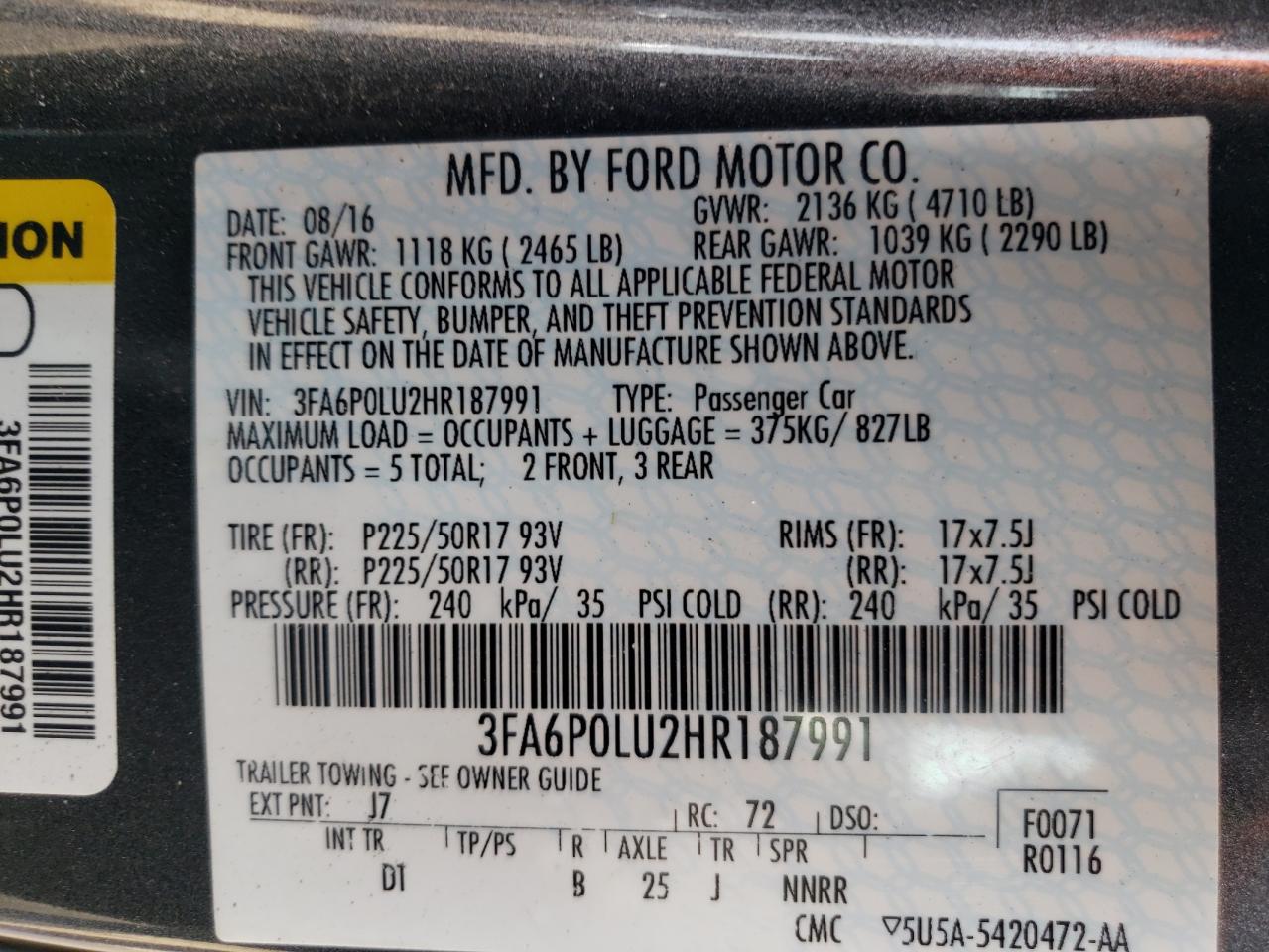 Photo 12 VIN: 3FA6P0LU2HR187991 - FORD FUSION 