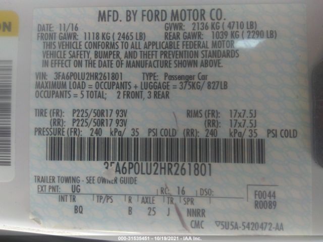 Photo 8 VIN: 3FA6P0LU2HR261801 - FORD FUSION 