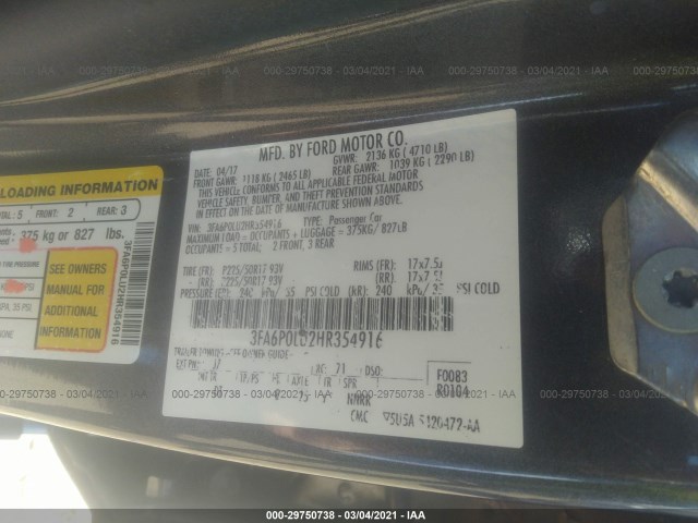 Photo 8 VIN: 3FA6P0LU2HR354916 - FORD FUSION 