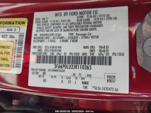 Photo 8 VIN: 3FA6P0LU2JR110365 - FORD FUSION HYBRID 