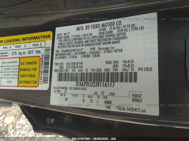 Photo 8 VIN: 3FA6P0LU2JR116117 - FORD FUSION HYBRID 