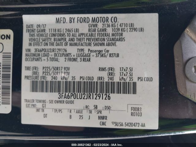 Photo 8 VIN: 3FA6P0LU2JR129126 - FORD FUSION HYBRID 