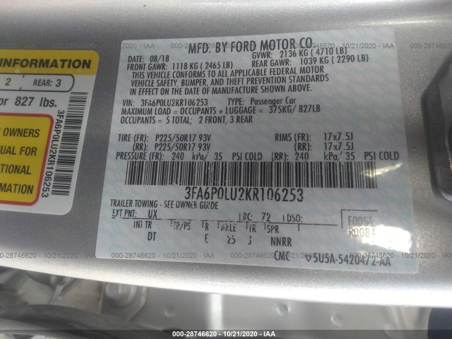 Photo 8 VIN: 3FA6P0LU2KR106253 - FORD FUSION HYBRID 