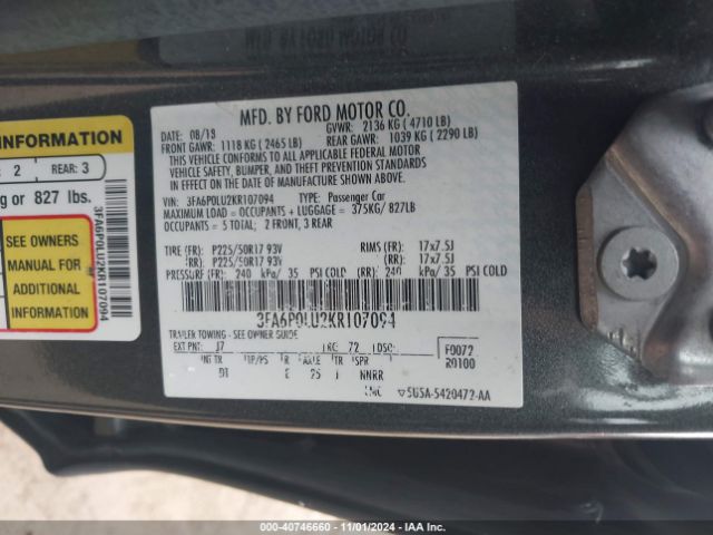 Photo 8 VIN: 3FA6P0LU2KR107094 - FORD FUSION 