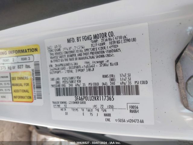 Photo 8 VIN: 3FA6P0LU2KR117365 - FORD FUSION HYBRID 