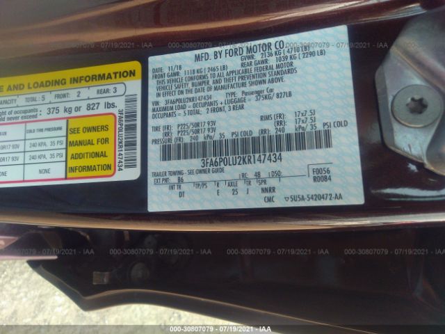 Photo 8 VIN: 3FA6P0LU2KR147434 - FORD FUSION HYBRID 