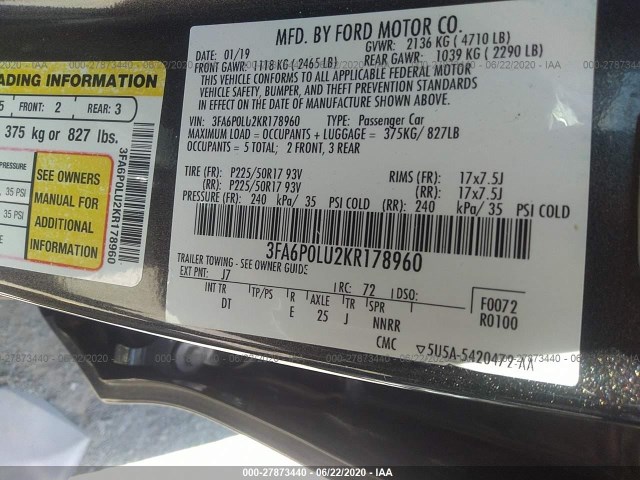 Photo 8 VIN: 3FA6P0LU2KR178960 - FORD FUSION HYBRID 