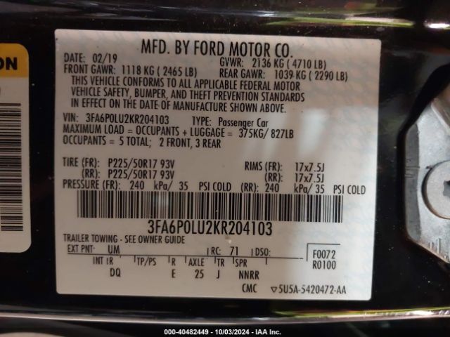 Photo 8 VIN: 3FA6P0LU2KR204103 - FORD FUSION 