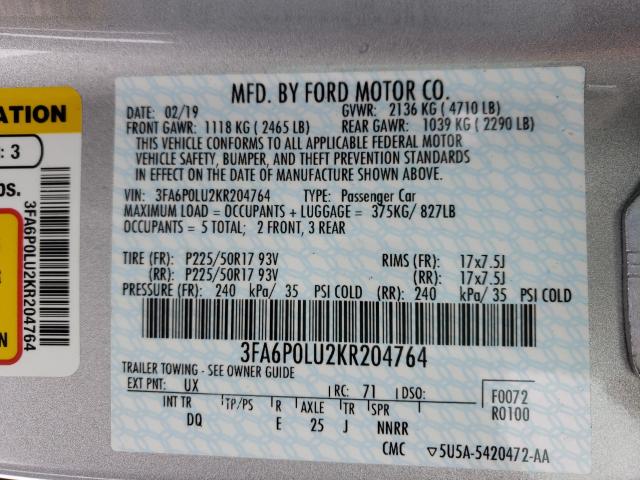 Photo 9 VIN: 3FA6P0LU2KR204764 - FORD FUSION SE 