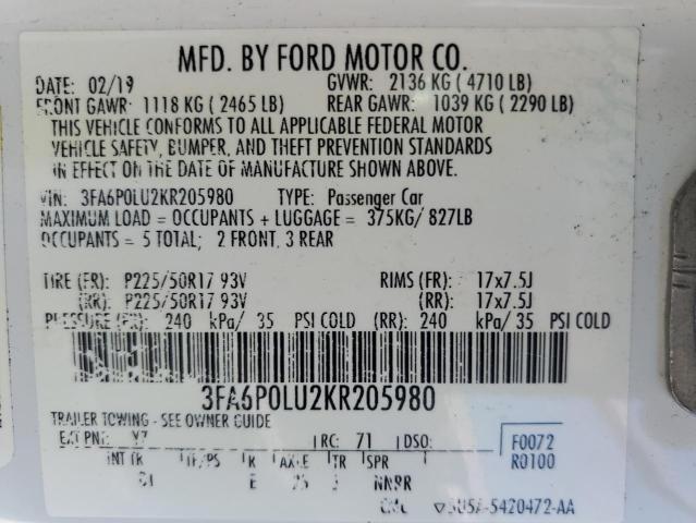 Photo 11 VIN: 3FA6P0LU2KR205980 - FORD FUSION SE 