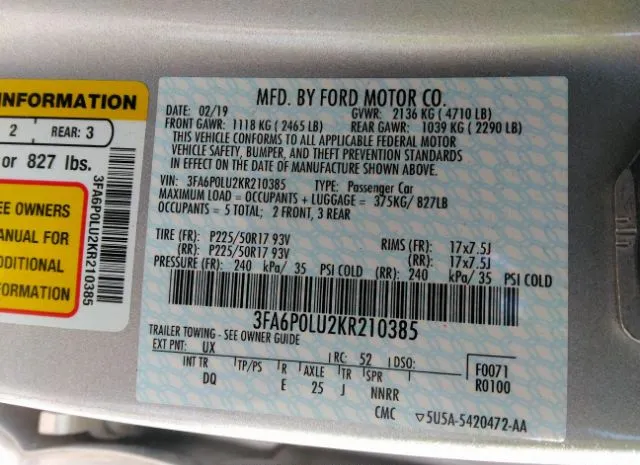 Photo 8 VIN: 3FA6P0LU2KR210385 - FORD FUSION HYBRID 