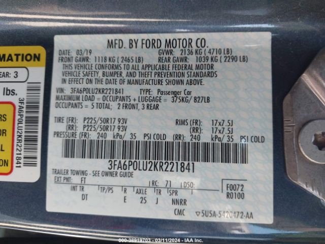 Photo 8 VIN: 3FA6P0LU2KR221841 - FORD FUSION HYBRID 