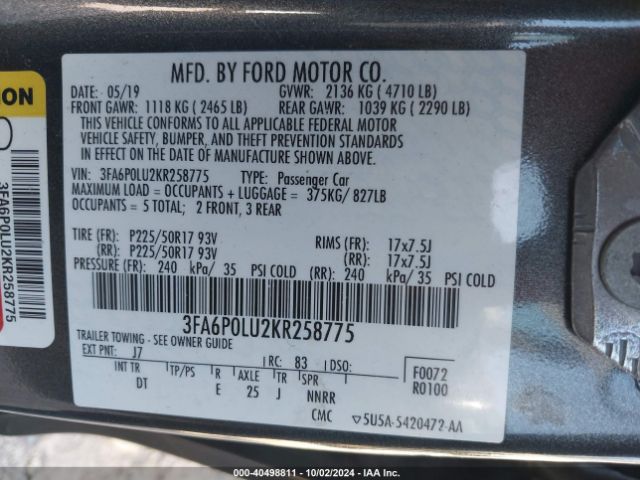 Photo 8 VIN: 3FA6P0LU2KR258775 - FORD FUSION 