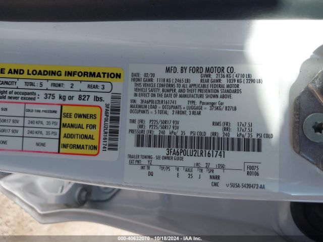 Photo 8 VIN: 3FA6P0LU2LR161741 - FORD FUSION 