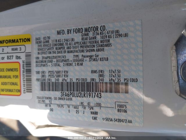 Photo 8 VIN: 3FA6P0LU2LR191743 - FORD FUSION 