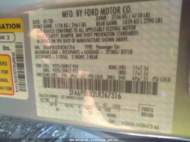 Photo 8 VIN: 3FA6P0LU2LR267316 - FORD FUSION 