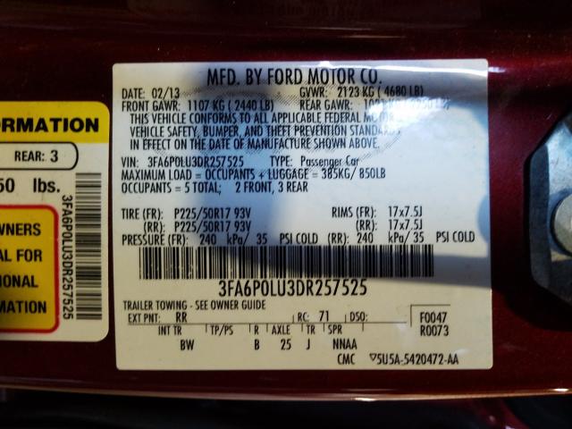 Photo 9 VIN: 3FA6P0LU3DR257525 - FORD FUSION 