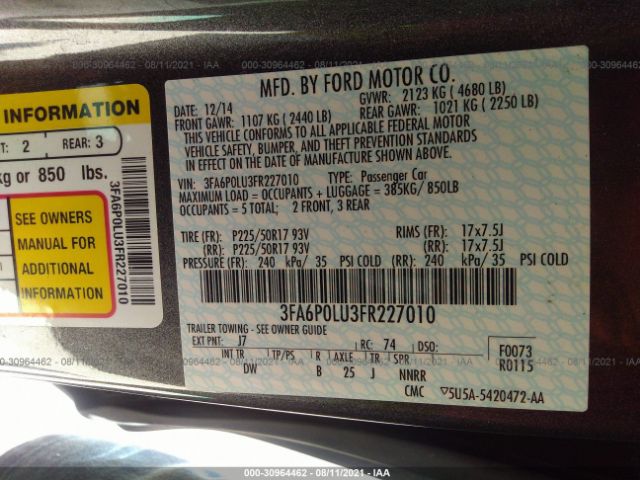 Photo 8 VIN: 3FA6P0LU3FR227010 - FORD FUSION 