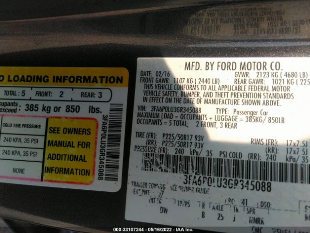 Photo 8 VIN: 3FA6P0LU3GR345088 - FORD FUSION 