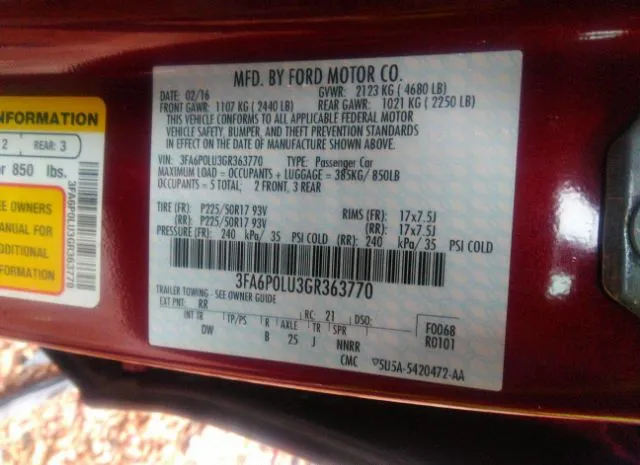 Photo 8 VIN: 3FA6P0LU3GR363770 - FORD FUSION 