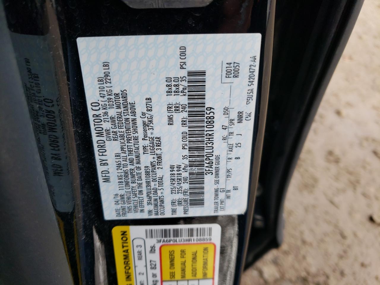 Photo 11 VIN: 3FA6P0LU3HR108859 - FORD FUSION 